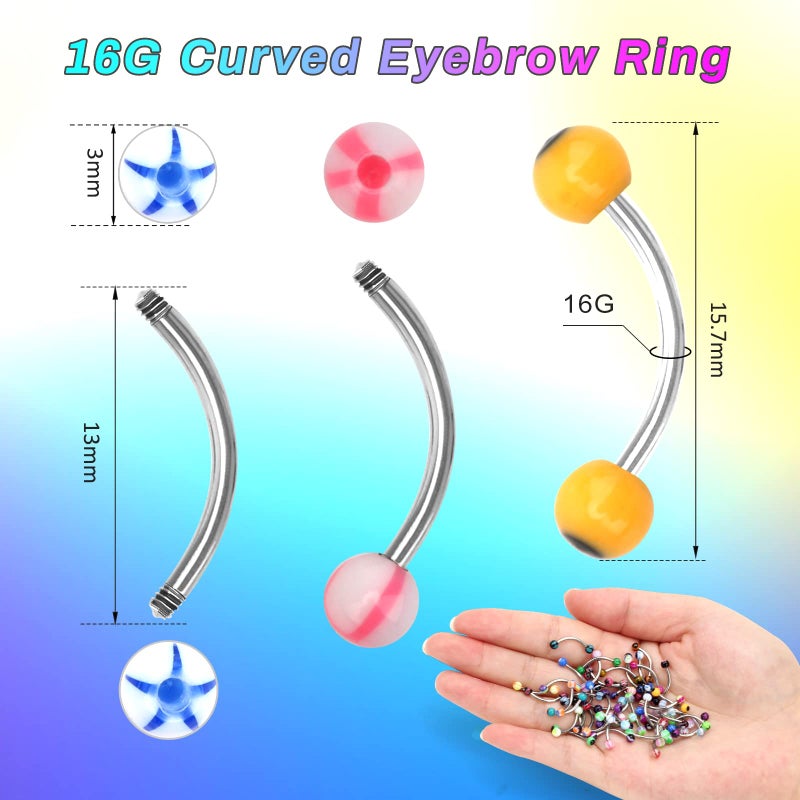 CrazyPiercing Colorful Acrylic Ball Stainless Steel Curved Bar Eyebrow Rings Tragus Piercing, 50Pcs, 16G (Stainless Steel Bar) - Image 3